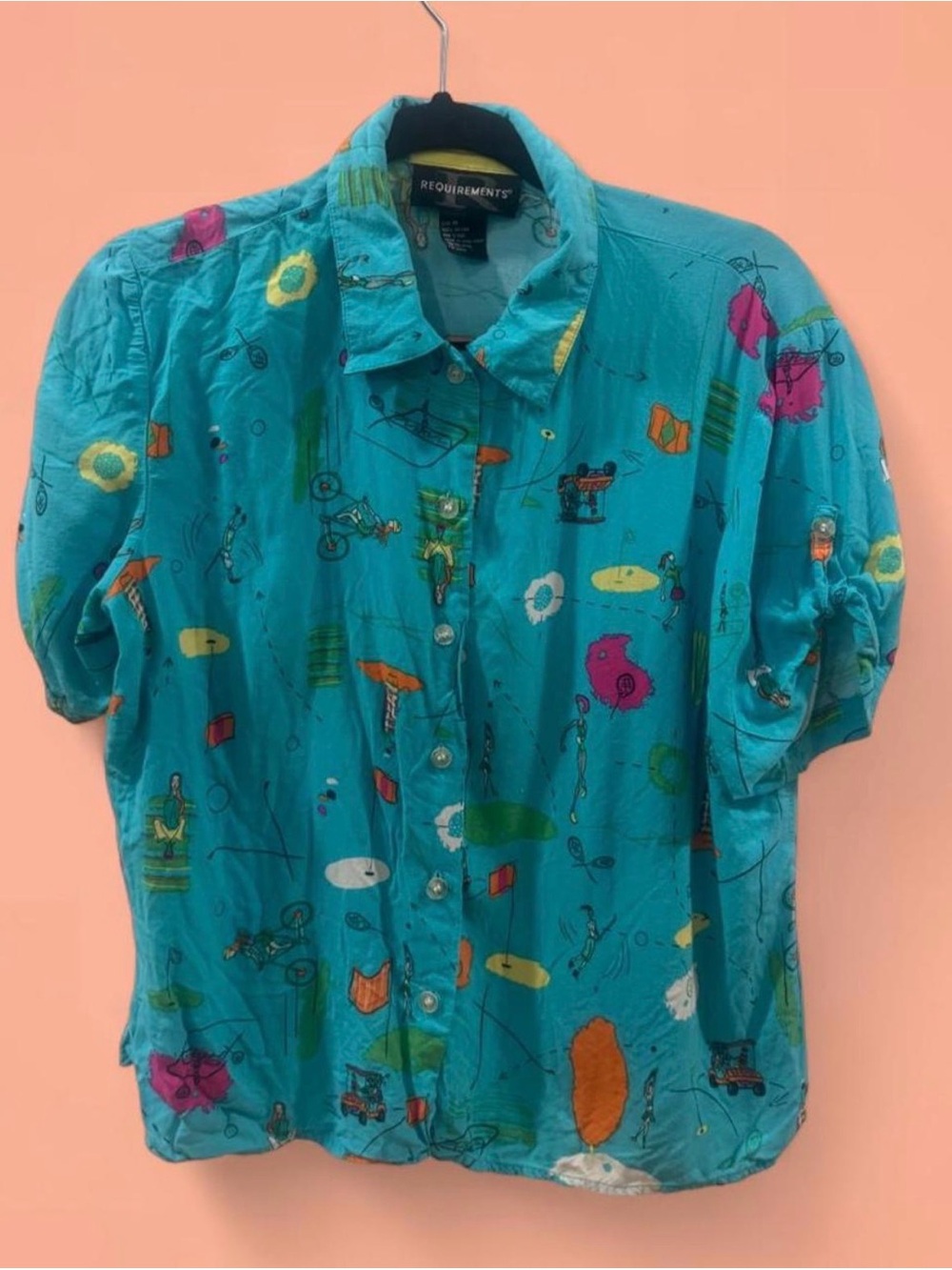 Vintage 90s Requirements Novelty Sports Print Rayon Button Down Shirt Medium